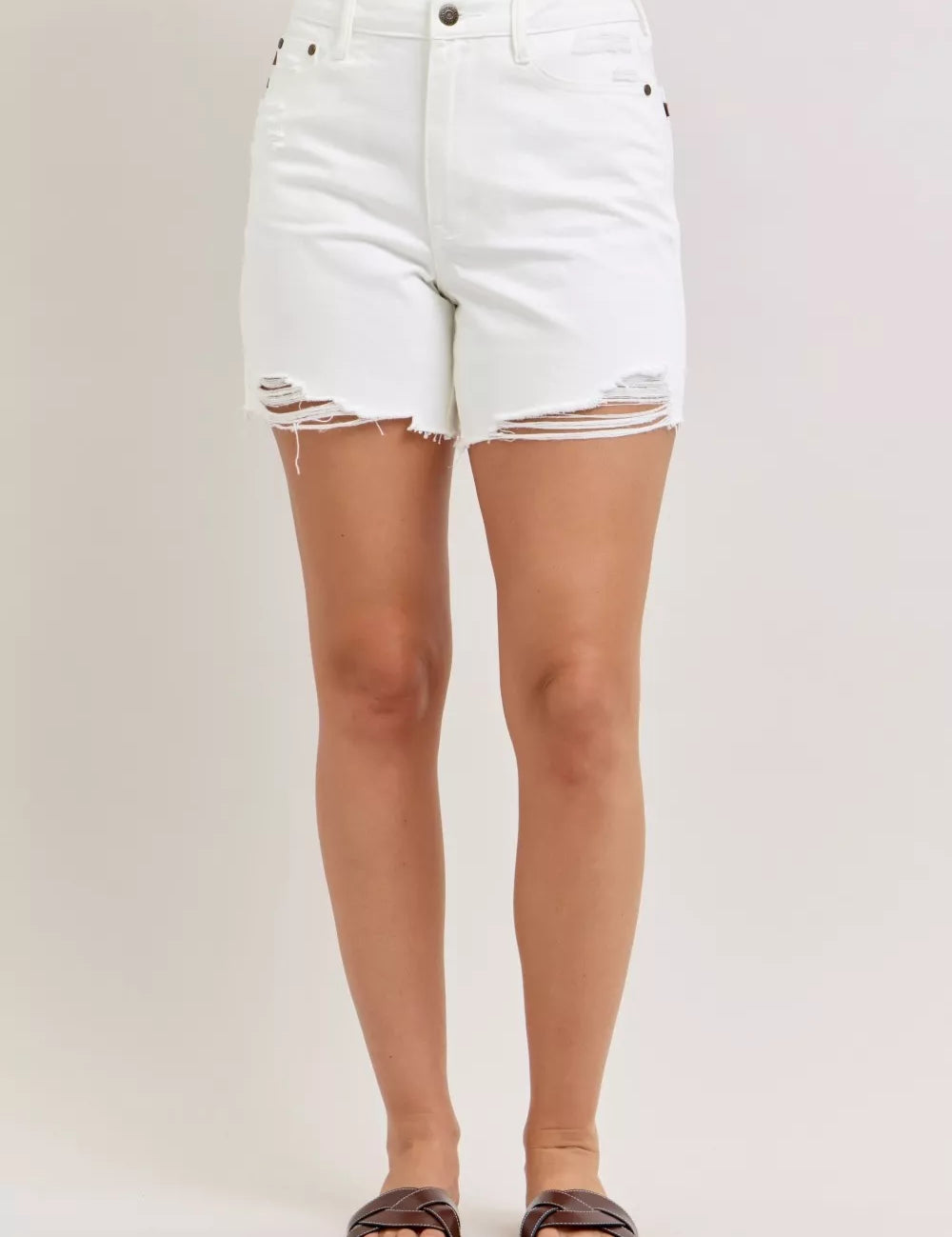 JUDY BLUE High Waist Rigid Magic Dad Short with Cell Phone Back Pocket on Simply Obsessed