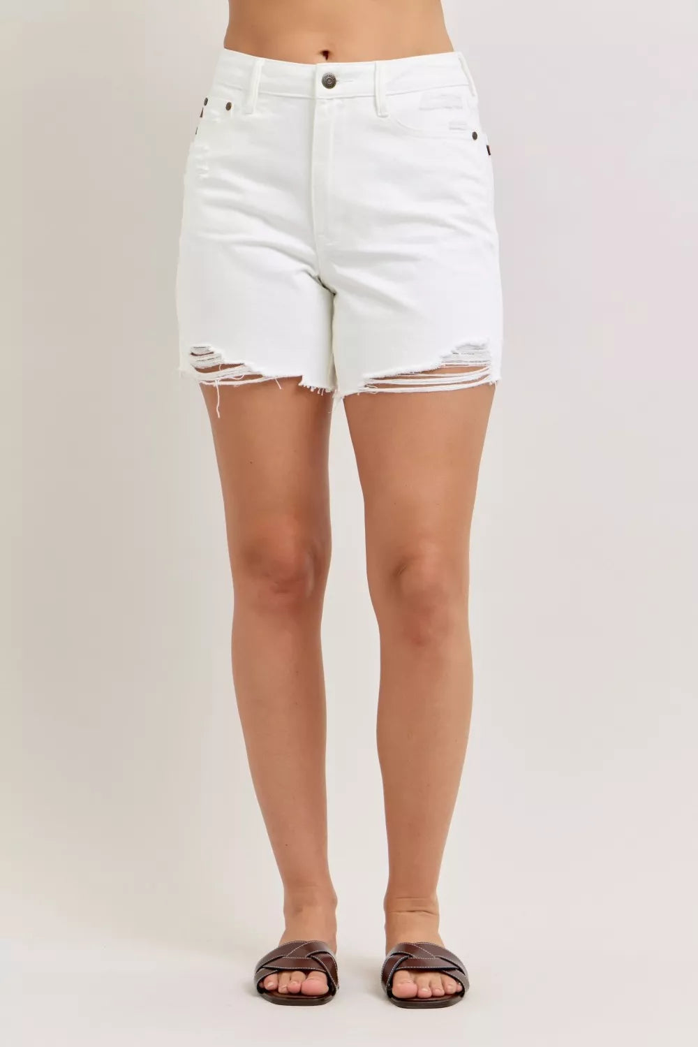 JUDY BLUE High Waist Rigid Magic Dad Short with Cell Phone Back Pocket on Simply Obsessed