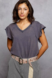 POL V-Neck Short Sleeve T-Shirt with Ruffle Sleeve on Simply Obsessed