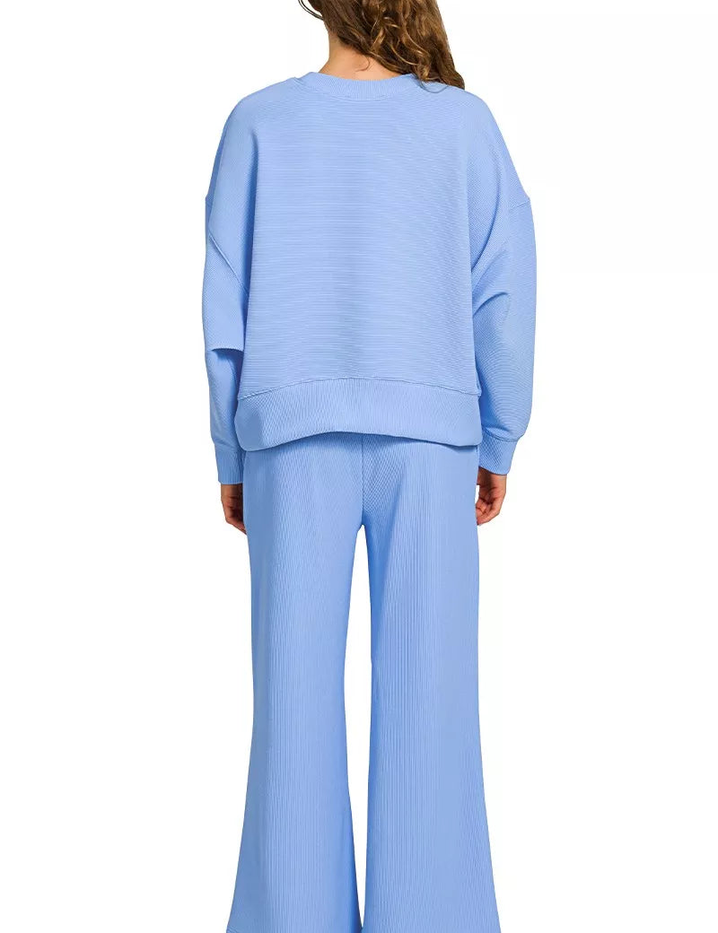ZENANA Ribbed Round Neck Pullover and Drawstring Pants Set on Simply Obsessed