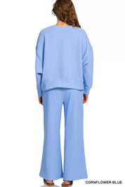 ZENANA Ribbed Round Neck Pullover and Drawstring Pants Set on Simply Obsessed