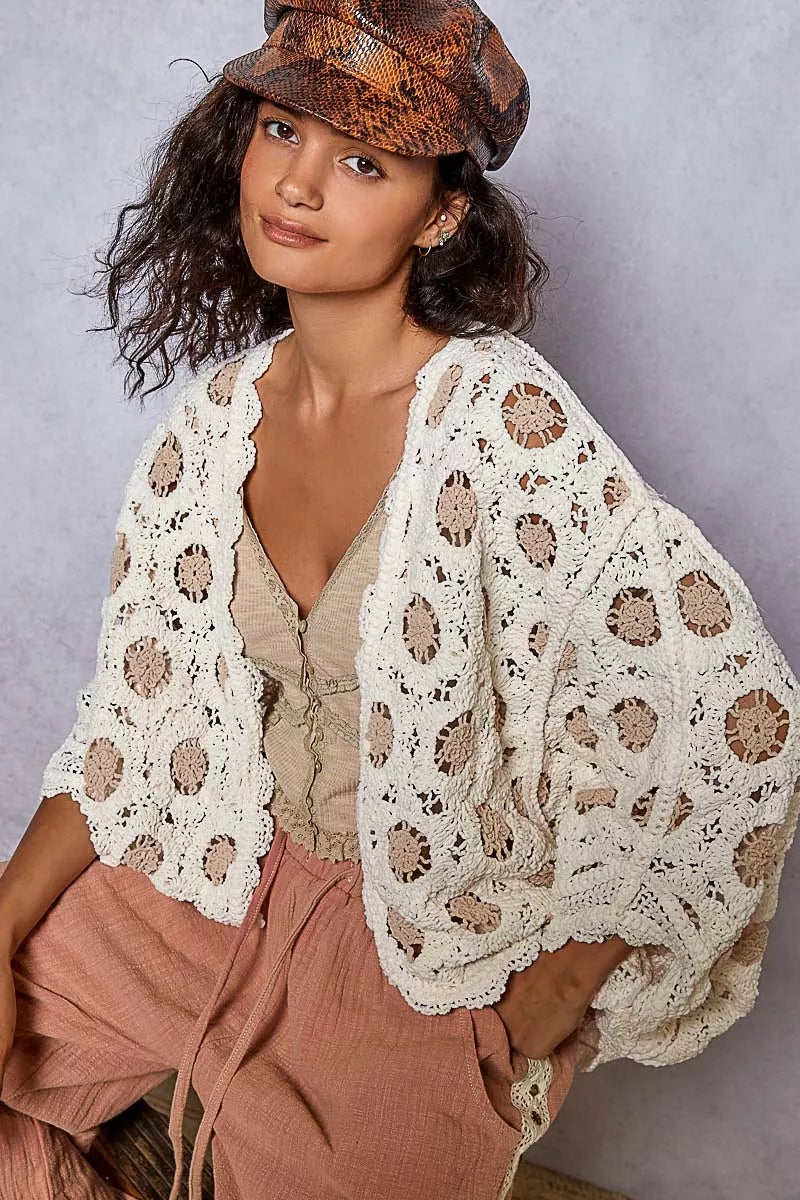 POL Openwork V-Neck Chenille Cardigan with Contrast Floral on Simply Obsessed