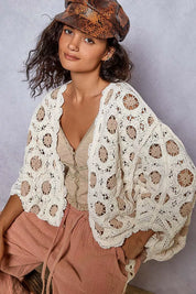 POL Openwork V-Neck Chenille Cardigan with Contrast Floral on Simply Obsessed