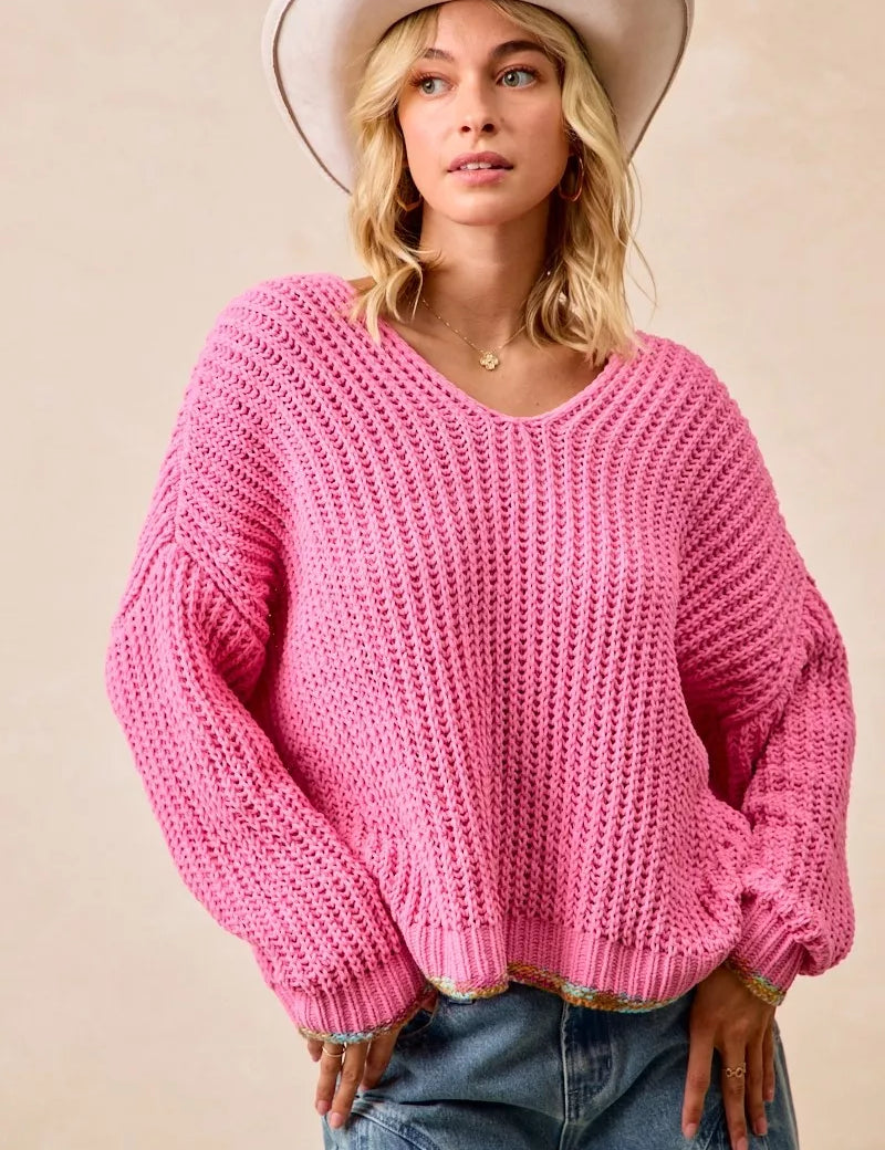 BiBi V-Neck Sweater with Colorful Trim on Simply Obsessed