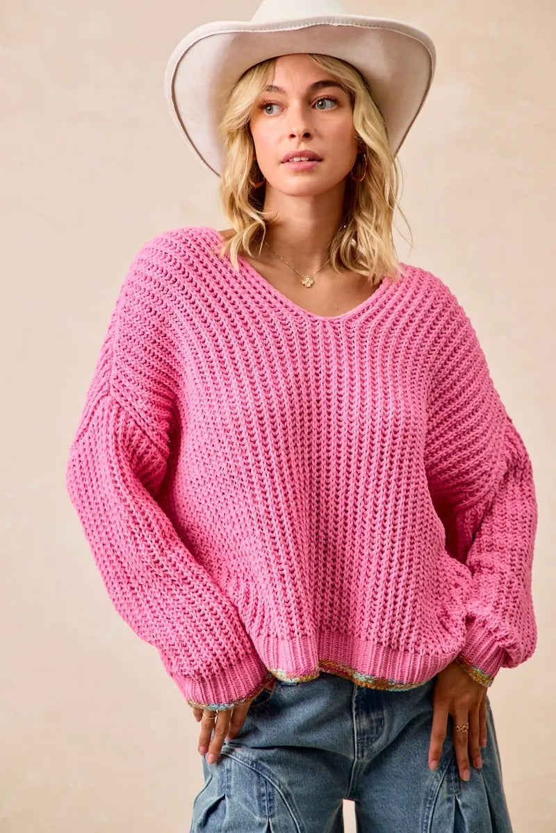 BiBi V-Neck Sweater with Colorful Trim on Simply Obsessed