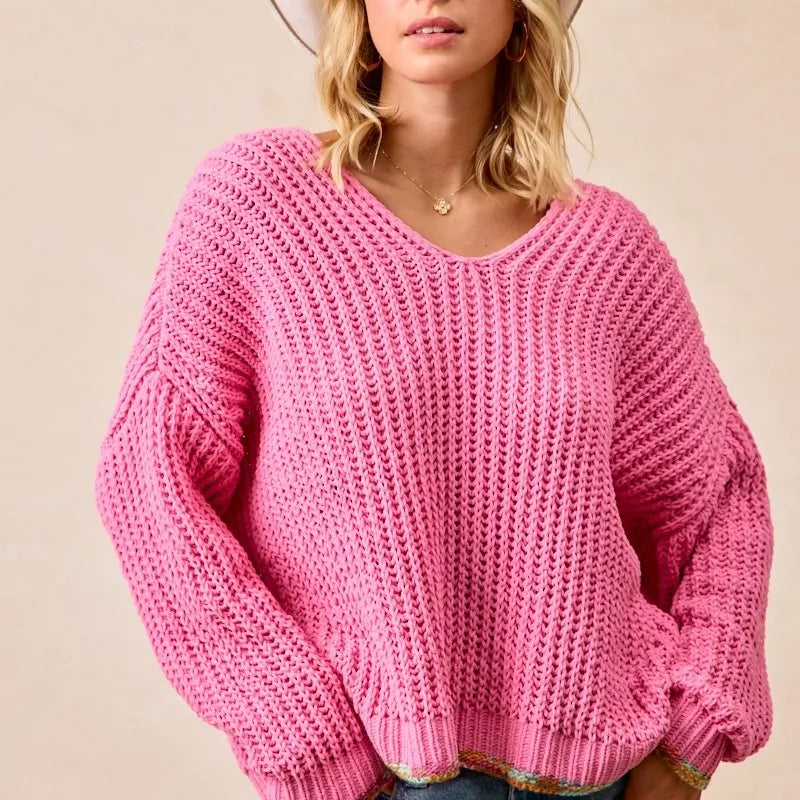 BiBi V-Neck Sweater with Colorful Trim on Simply Obsessed
