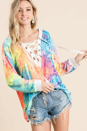 BiBi Tie Dye Deep V-neck Top With Lace Up Front on Simply Obsessed