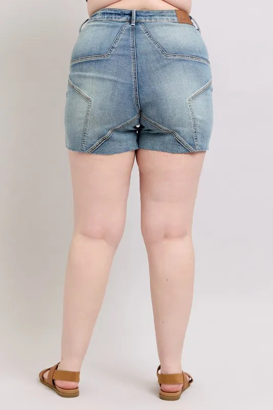 JUDY BLUE Full Size High Waist Star Seam Detail Denim Shorts Plus Size on Simply Obsessed