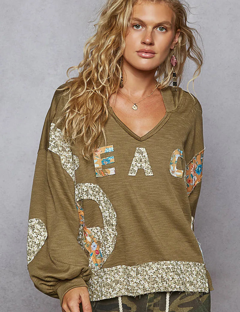 POL Peace Patch Floral Long Sleeve Hoodie on Simply Obsessed