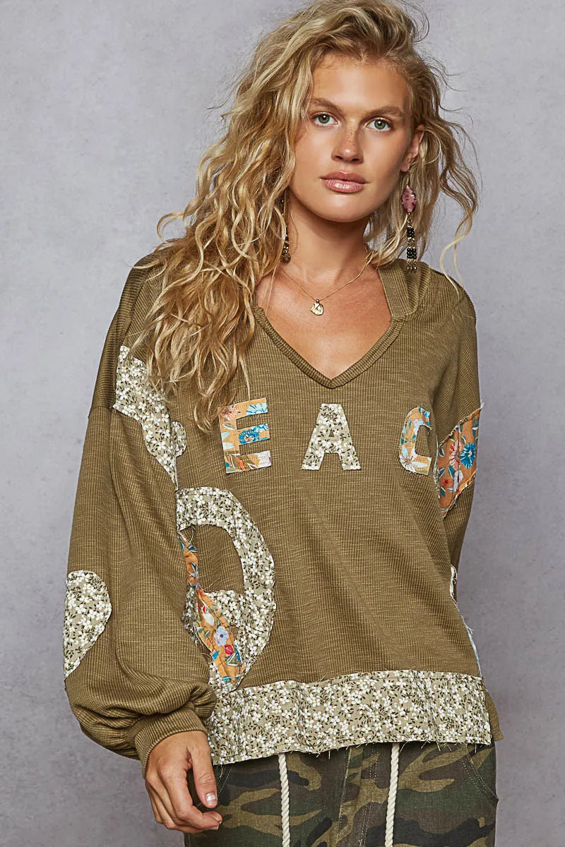 POL Peace Patch Floral Long Sleeve Hoodie on Simply Obsessed