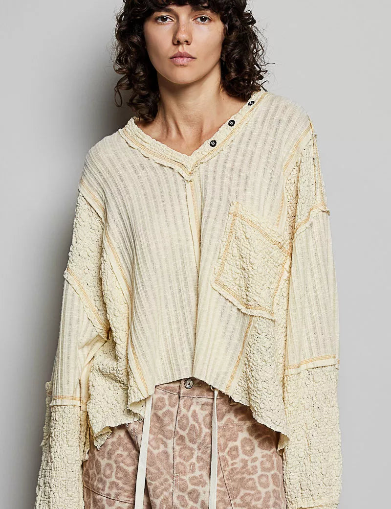 POL V-Neck Long Sleeve Top with Stitch Detail on Simply Obsessed