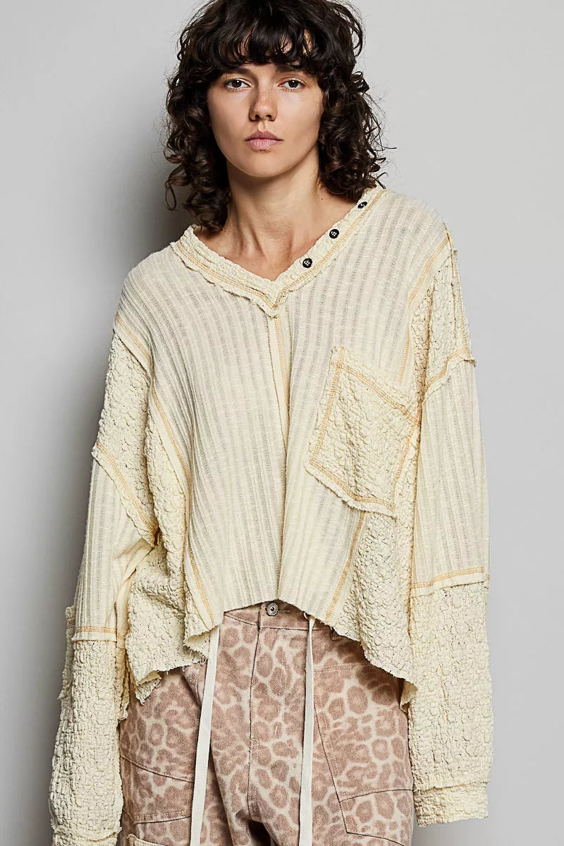 POL V-Neck Long Sleeve Top with Stitch Detail on Simply Obsessed