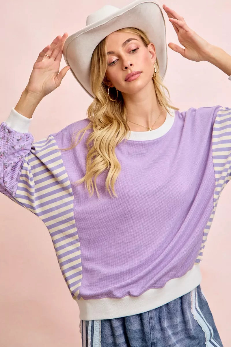 BiBi Mix and Match Sweatshirt with Floral Sleeve Striped on Simply Obsessed
