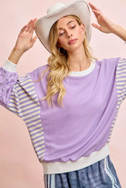 BiBi Mix and Match Sweatshirt with Floral Sleeve Striped on Simply Obsessed