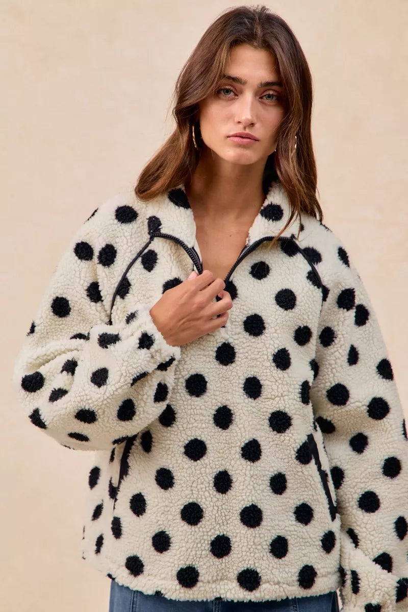 BIBI Polka Dot Sherpa Half Zip Up Top with Side Pocket on Simply Obsessed