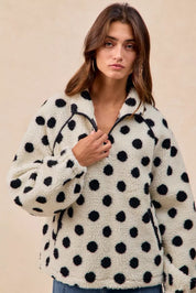 BIBI Polka Dot Sherpa Half Zip Up Top with Side Pocket on Simply Obsessed