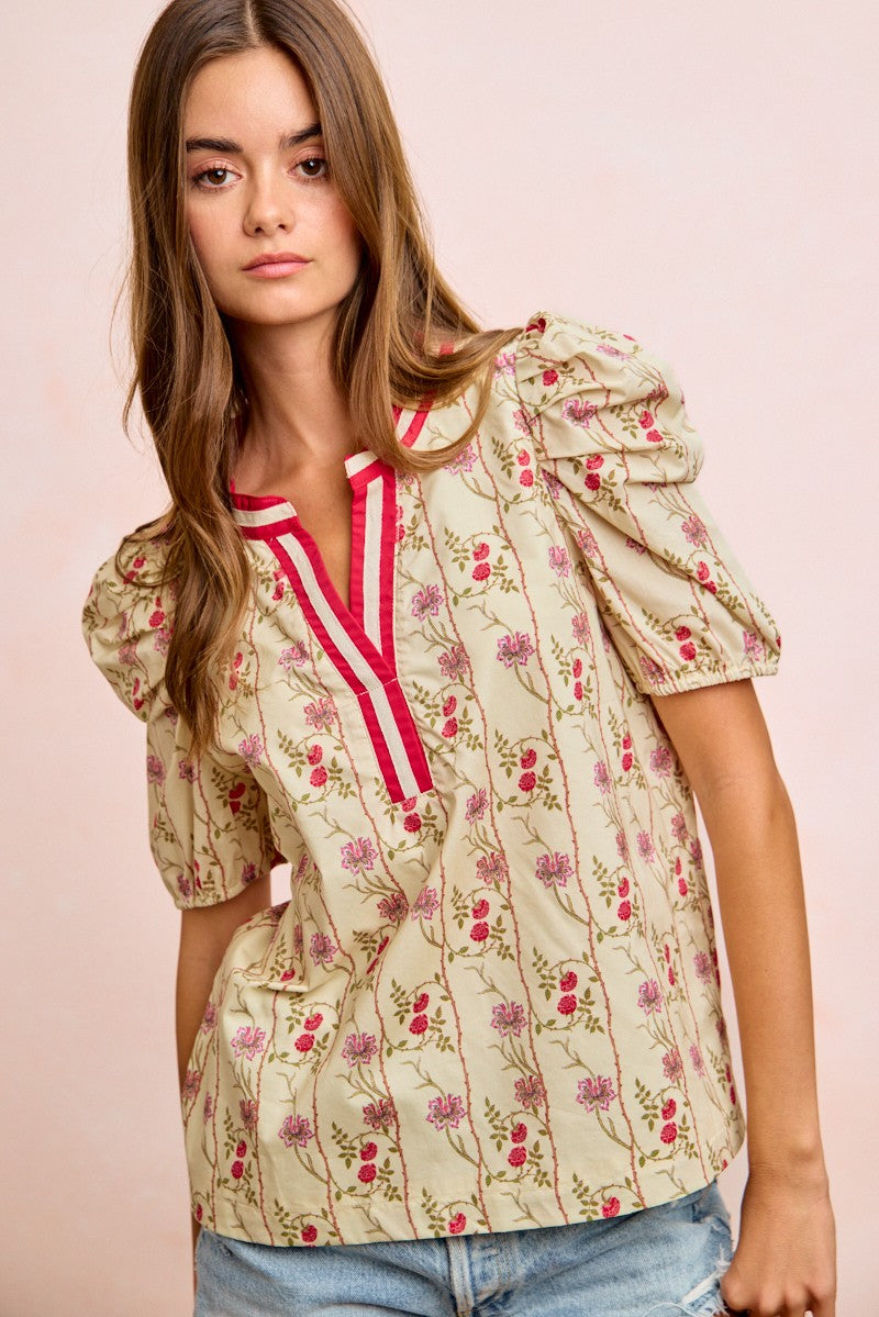 BIBI Floral Gather Sleeves Contrast Neckband Blouse Top on Simply Obsessed