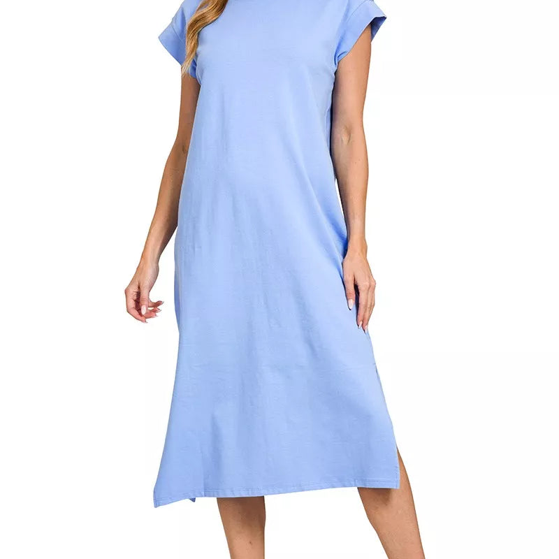 Zenana Round Neck Side Slit Midi Dress on Simply Obsessed