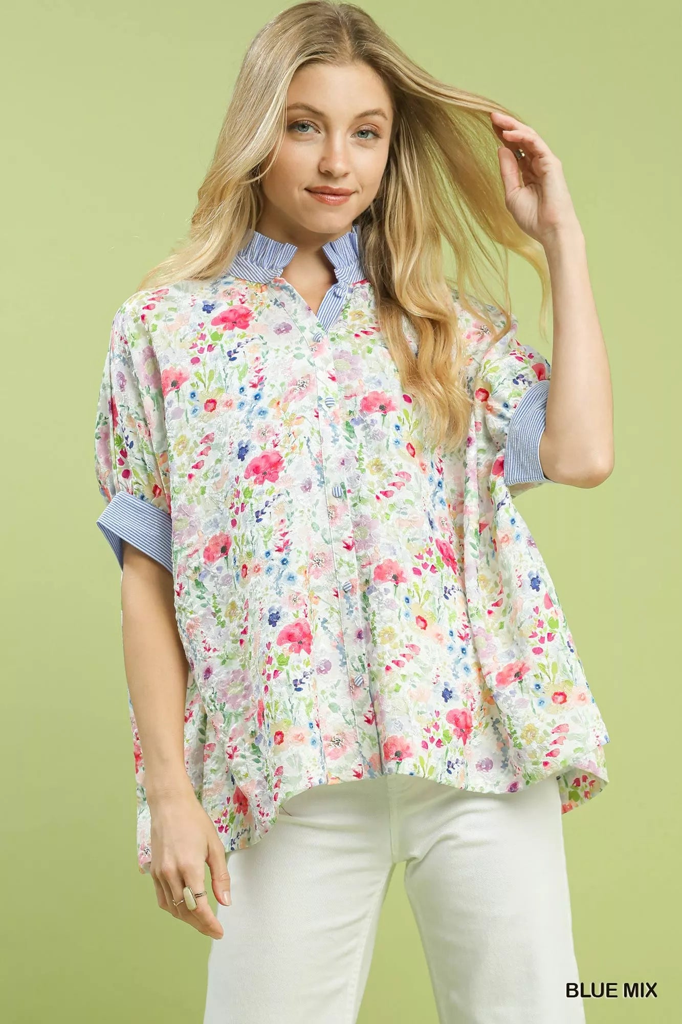 Umgee Jacquard Floral Print Button-Down Shirt on Simply Obsessed