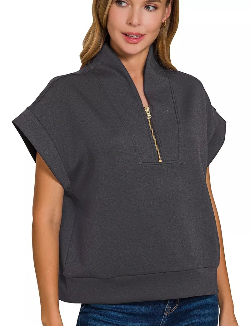 Zenana Scuba High Neck Half Zip Top on Simply Obsessed