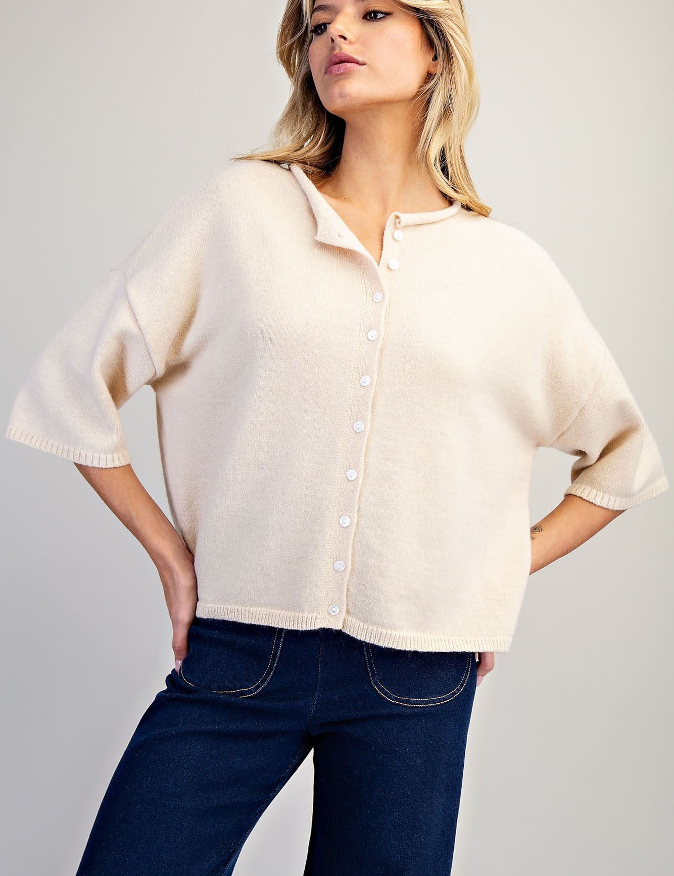 EESOME Solid Button Down Half Sleeve Cardigan - SAND on Simply Obsessed