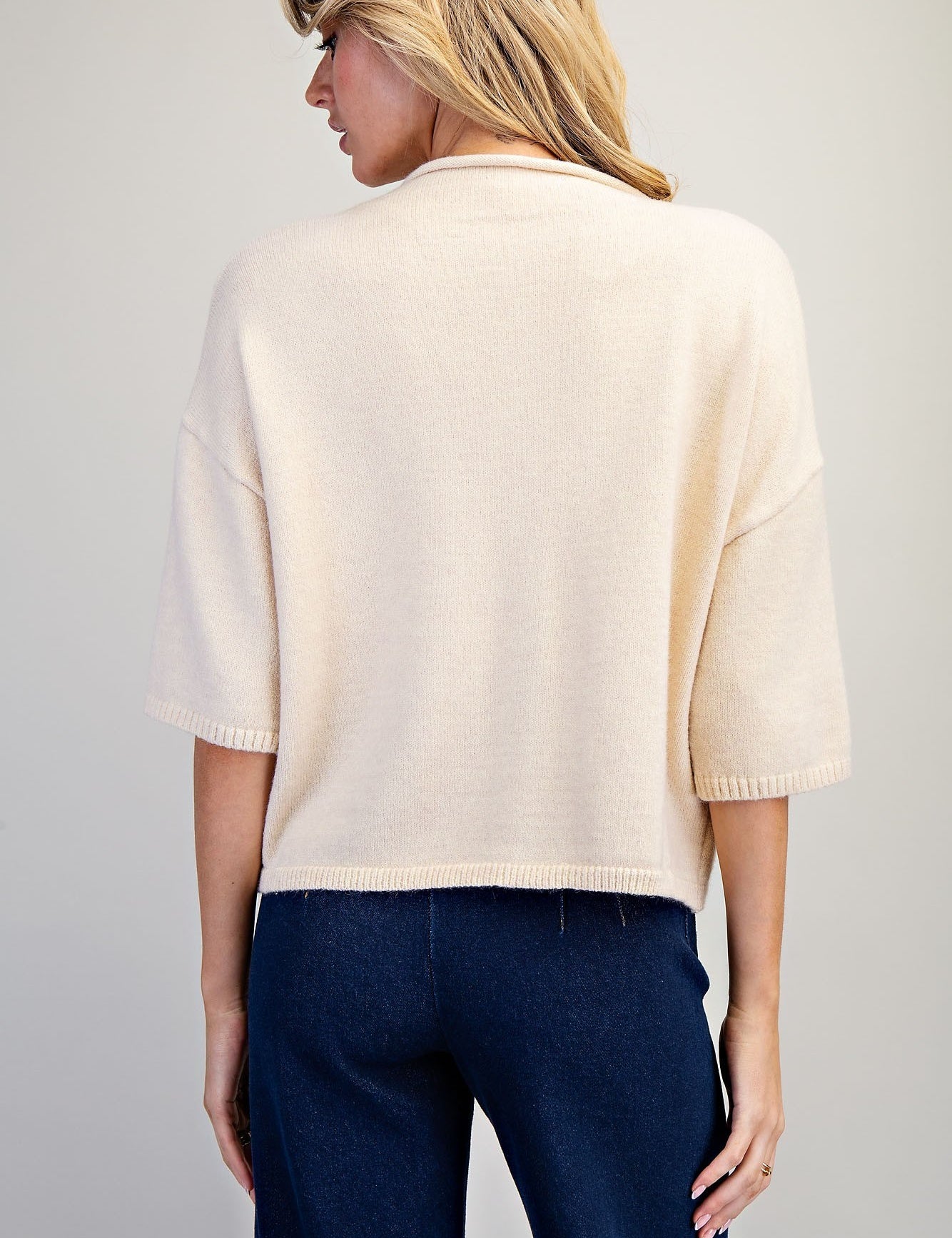 EESOME Solid Button Down Half Sleeve Cardigan - SAND on Simply Obsessed