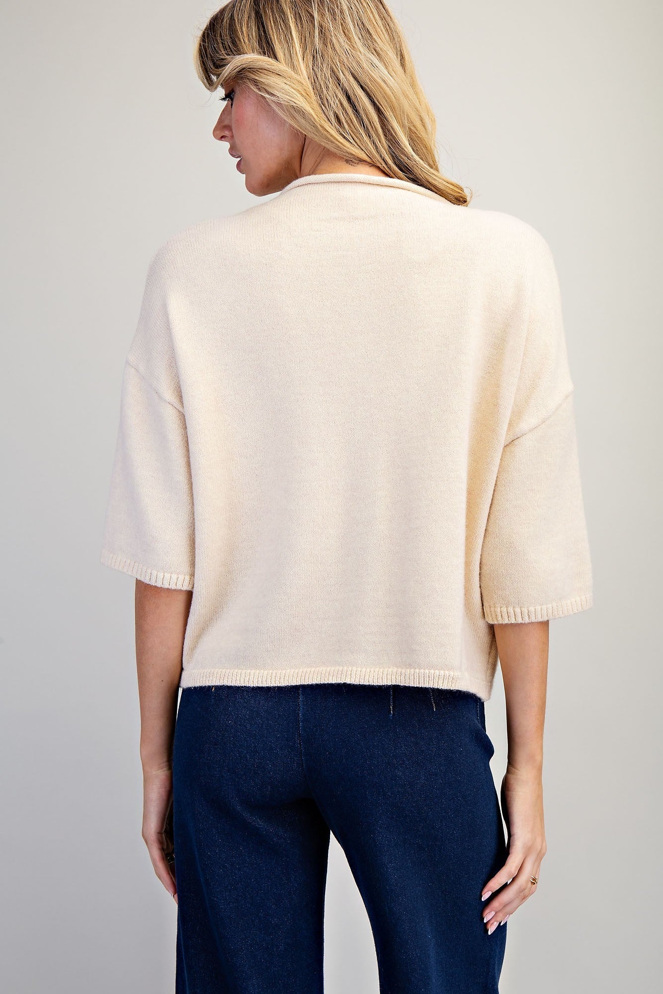 EESOME Solid Button Down Half Sleeve Cardigan - SAND on Simply Obsessed