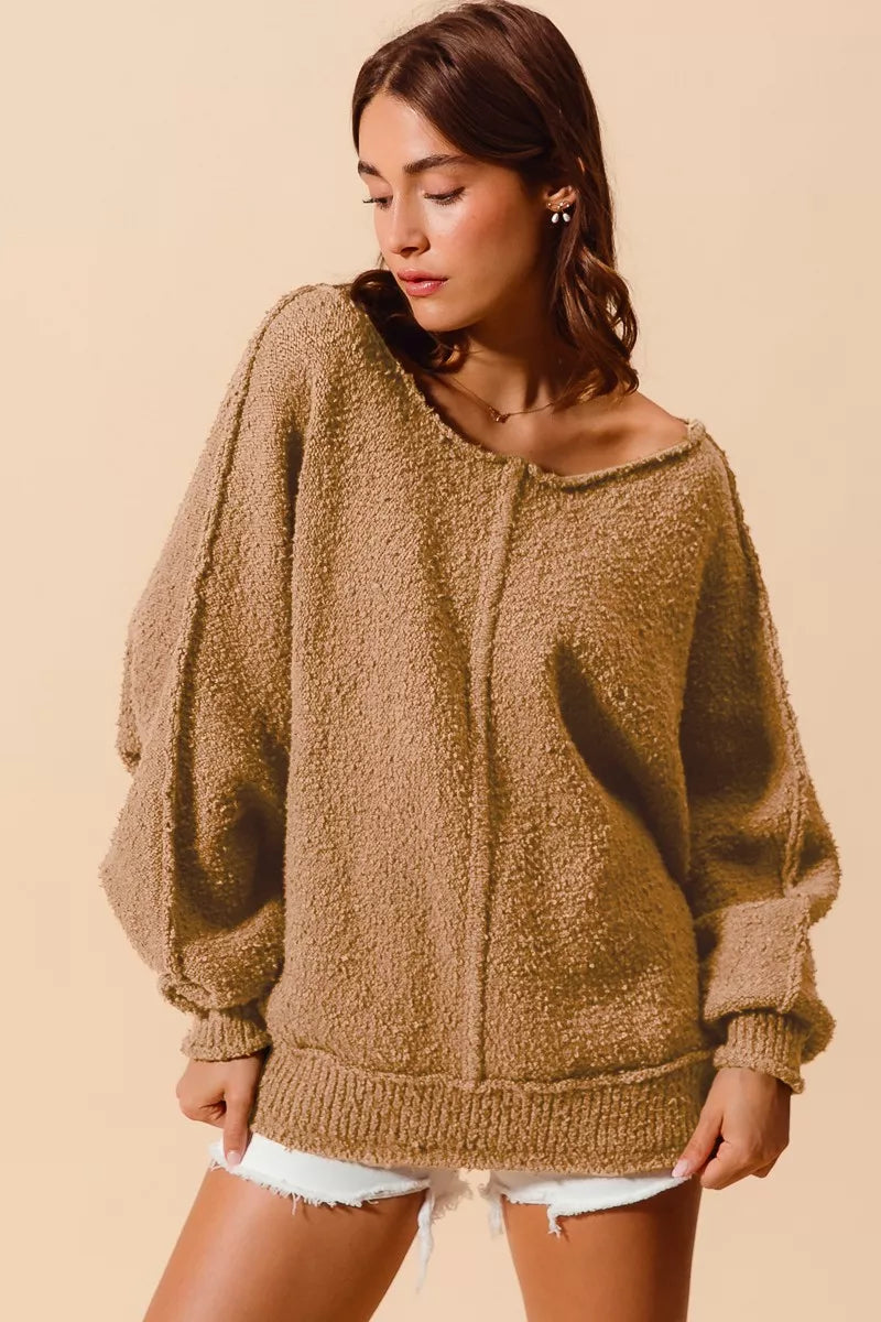 SO ME Loose Fit Exposed Seam Slouchy Boucle Sweater on Simply Obsessed