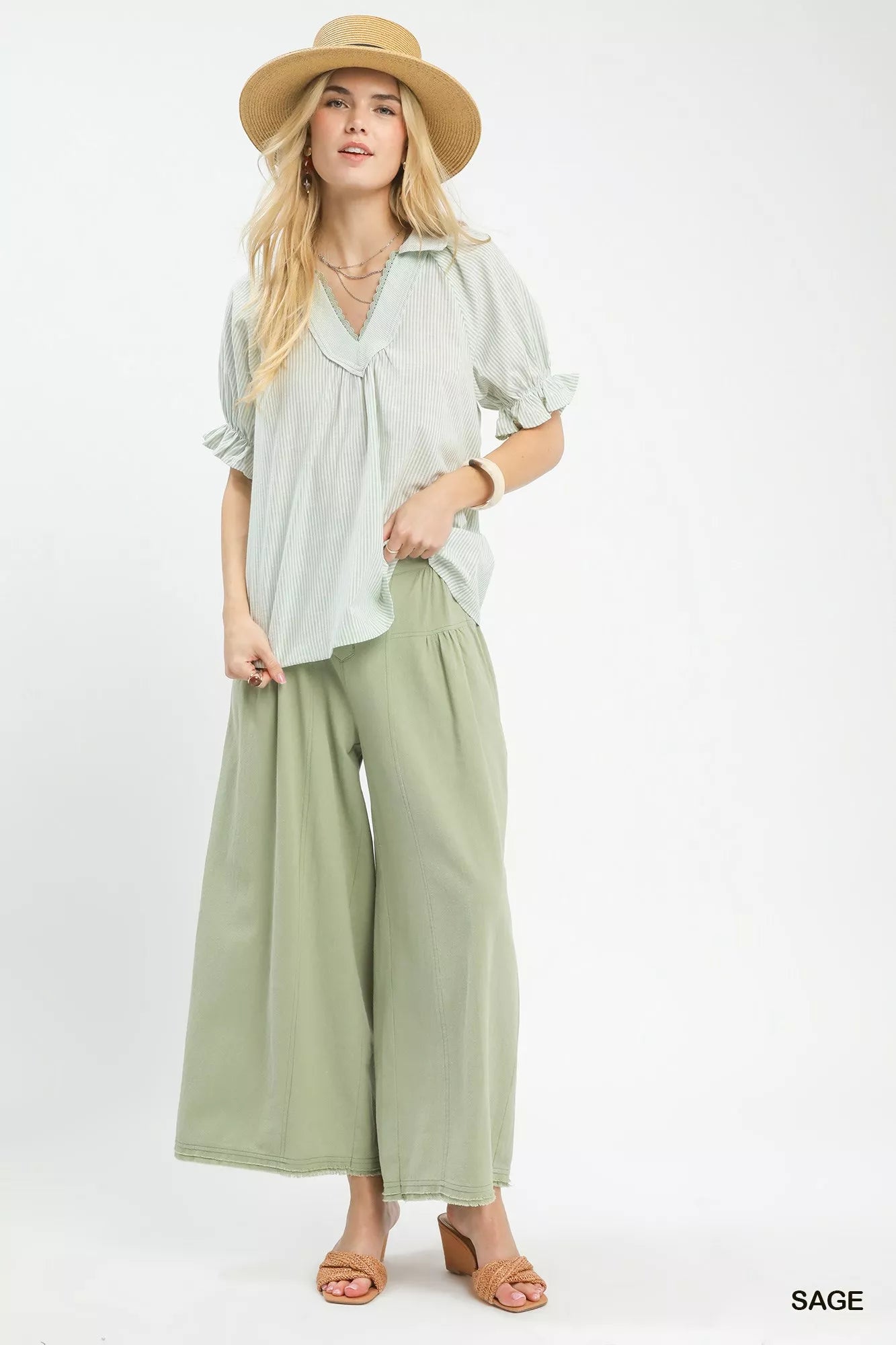 Umgee Pinstripe V-Neck Ruffle Sleeve Blouse on Simply Obsessed