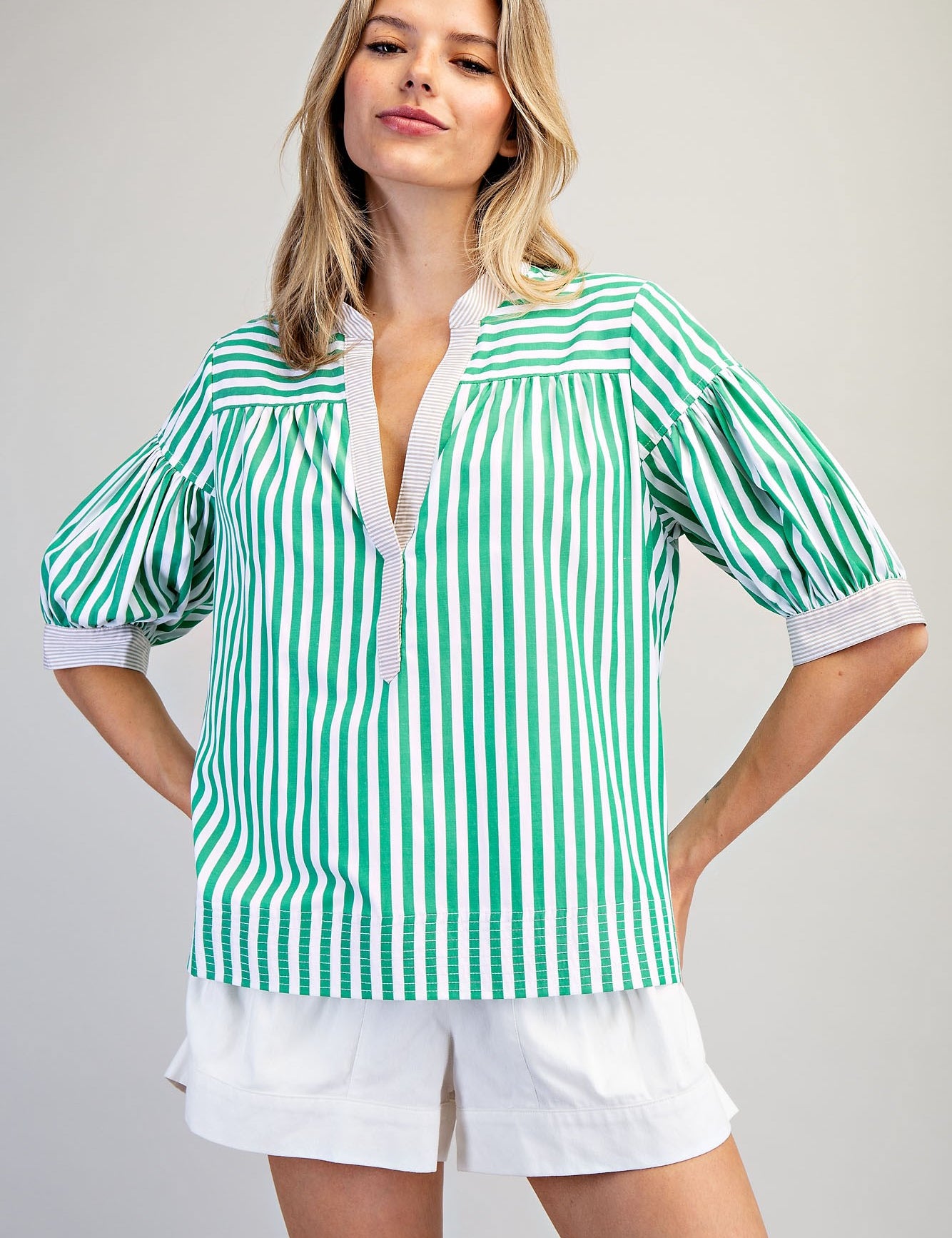 EESOME Contrast Striped Short Sleeve Blouse on Simply Obsessed