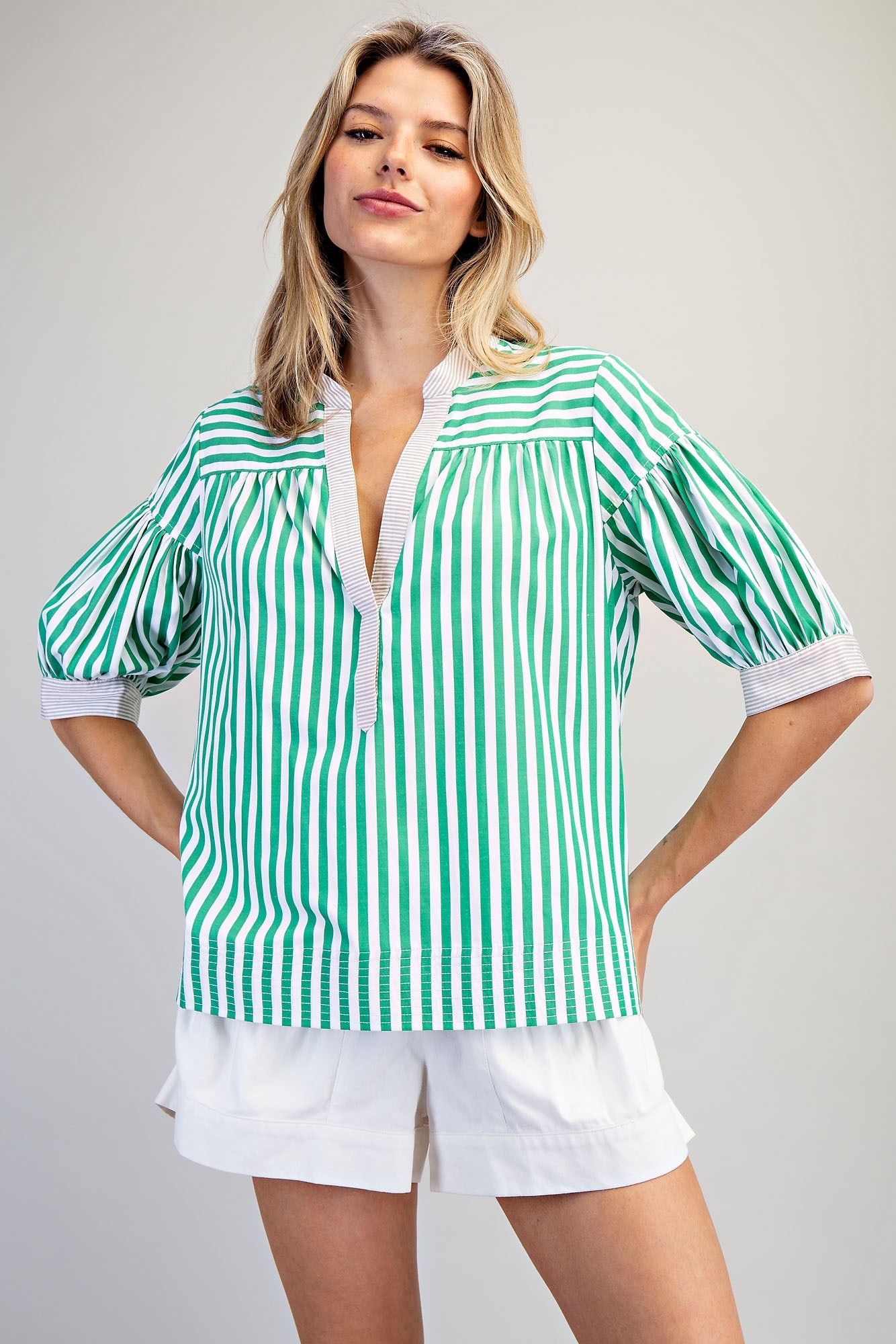 EESOME Contrast Striped Short Sleeve Blouse on Simply Obsessed