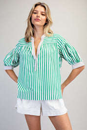 EESOME Contrast Striped Short Sleeve Blouse on Simply Obsessed