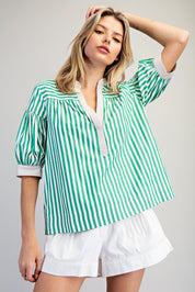 EESOME Contrast Striped Short Sleeve Blouse on Simply Obsessed