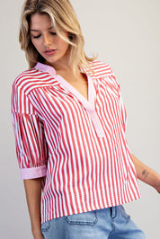 EESOME Contrast Striped Short Sleeve Blouse on Simply Obsessed