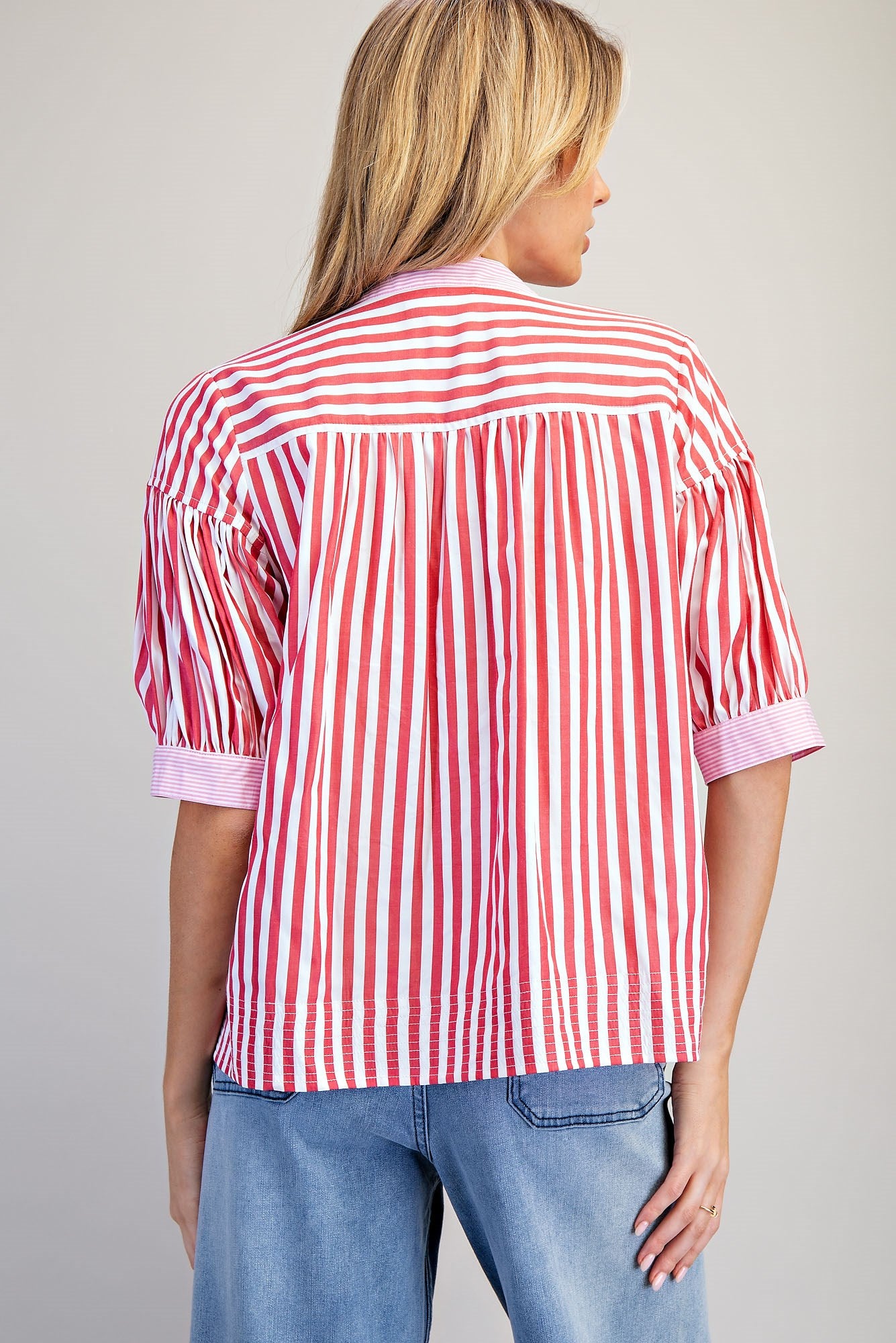 EESOME Contrast Striped Short Sleeve Blouse on Simply Obsessed
