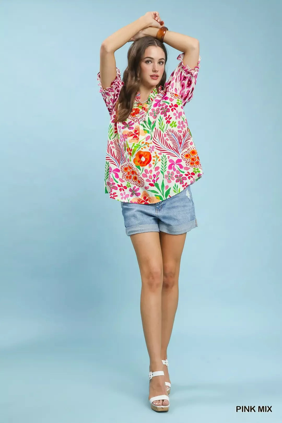 UMGEE V-Neck Ruffle Trim Puff Sleeve Top on Simply Obsessed