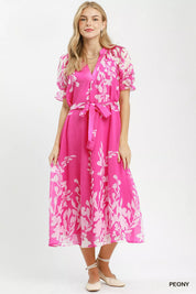 UMGEE Floral Print Tie Waist Midi Dress with Side Pockets on Simply Obsessed