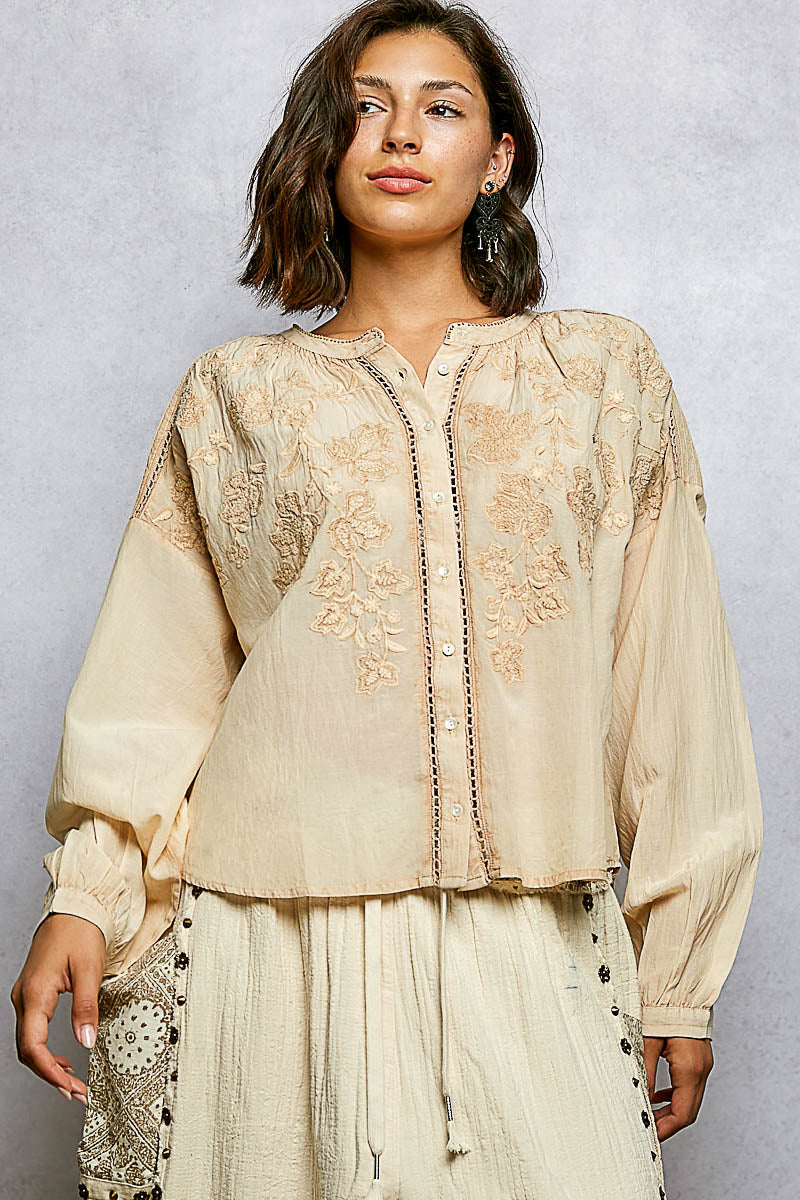 POL Embroidery Button Down Long Sleeve Washed Shirt on Simply Obsessed
