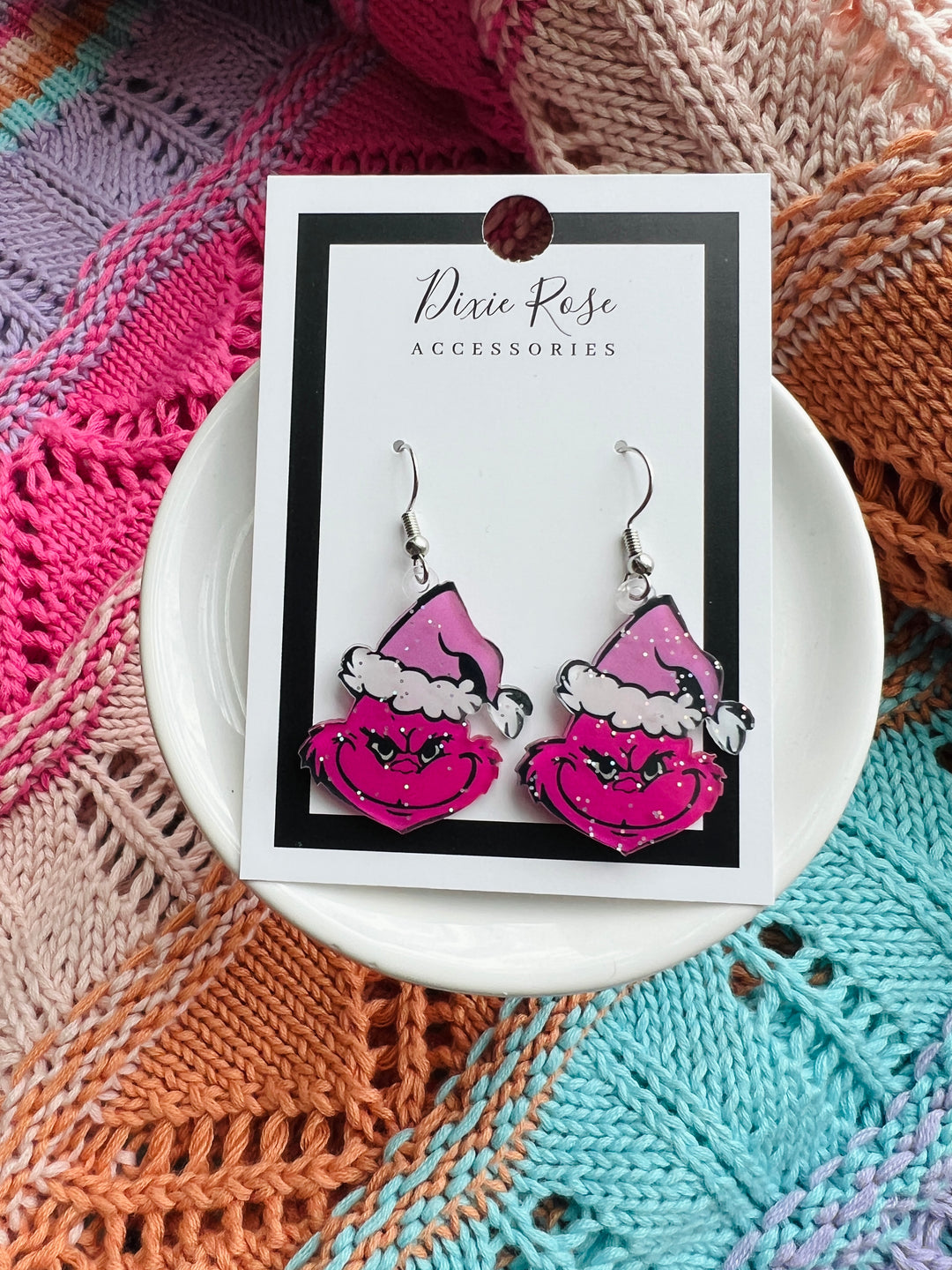 Glitter Pink Grinch Earrings by Dixie Rose on Simply Obsessed