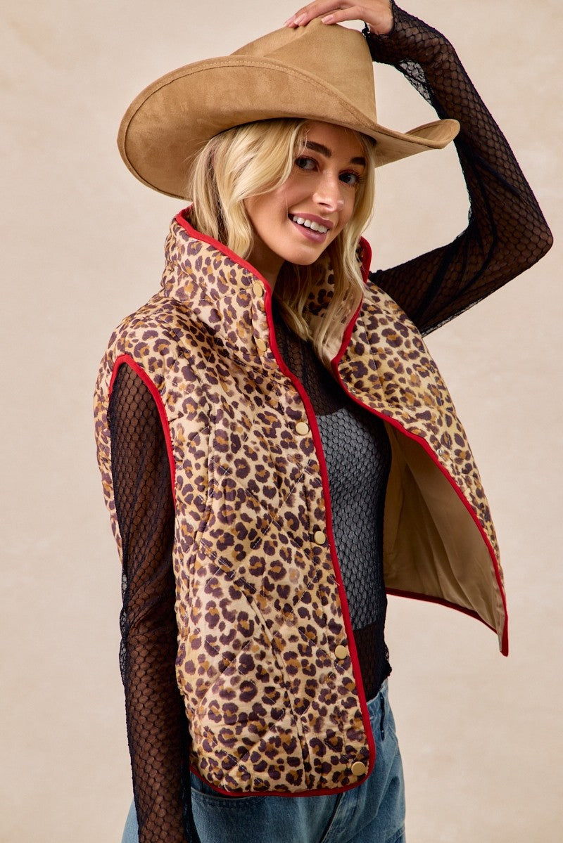 BIBI Leopard Print Piping Detail Quilted Vest on Simply Obsessed