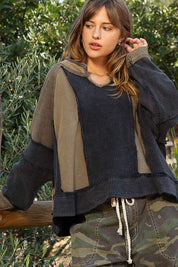 POL Color Block Waffle Knit Raw Hem Sweatshirt on Simply Obsessed