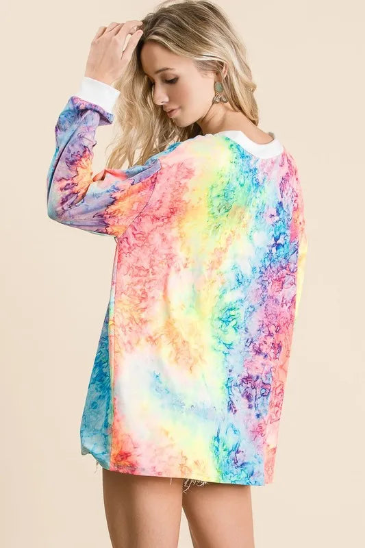 BiBi Tie Dye Deep V-neck Top With Lace Up Front on Simply Obsessed