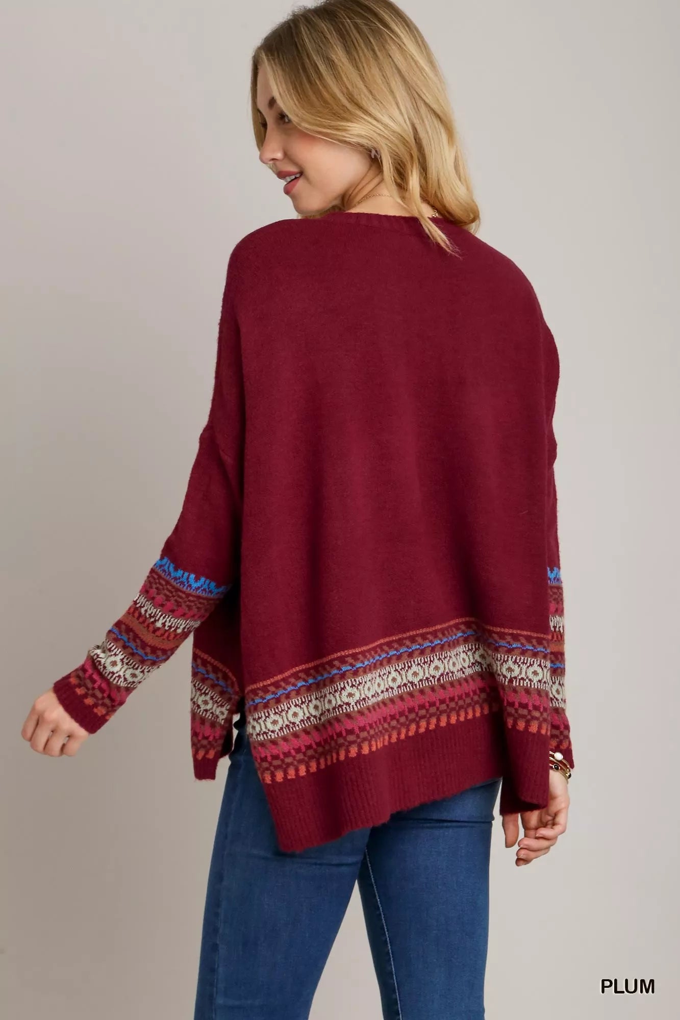 UMGEE Long Sleeve Round Neck Knit Top with Side Slits and Stitch Detail on Simply Obsessed