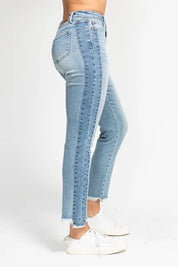 JUDY BLUE Full Size Vintage Wash Side Panel Detail with Fray Hem Slim Plus Size on Simply Obsessed