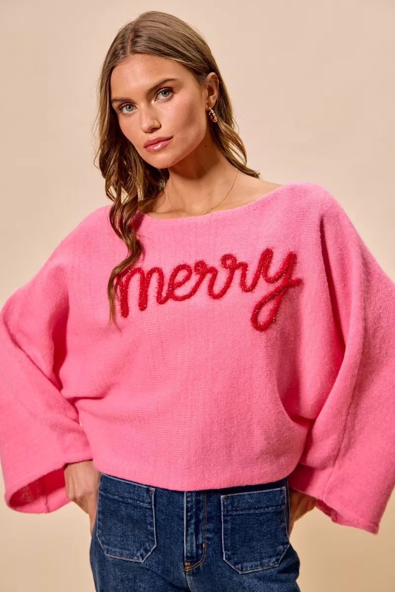 SO ME Merry Tinsel Lettering Christmas Sweater Top on Simply Obsessed