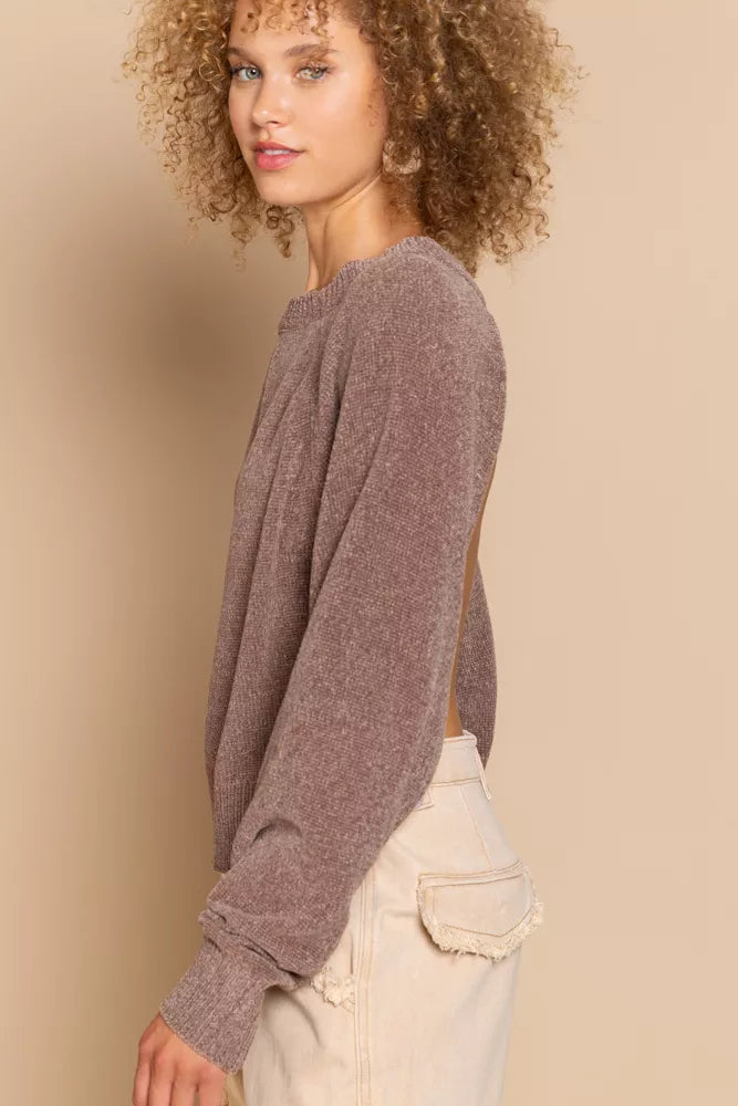 POL Round Neck Backless Sweater with Ribbed Edge on Simply Obsessed