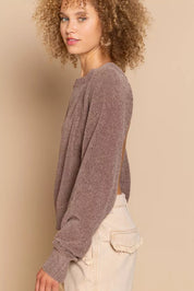 POL Round Neck Backless Sweater with Ribbed Edge on Simply Obsessed
