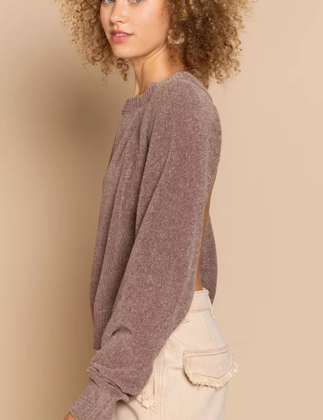 POL Round Neck Backless Sweater with Ribbed Edge on Simply Obsessed