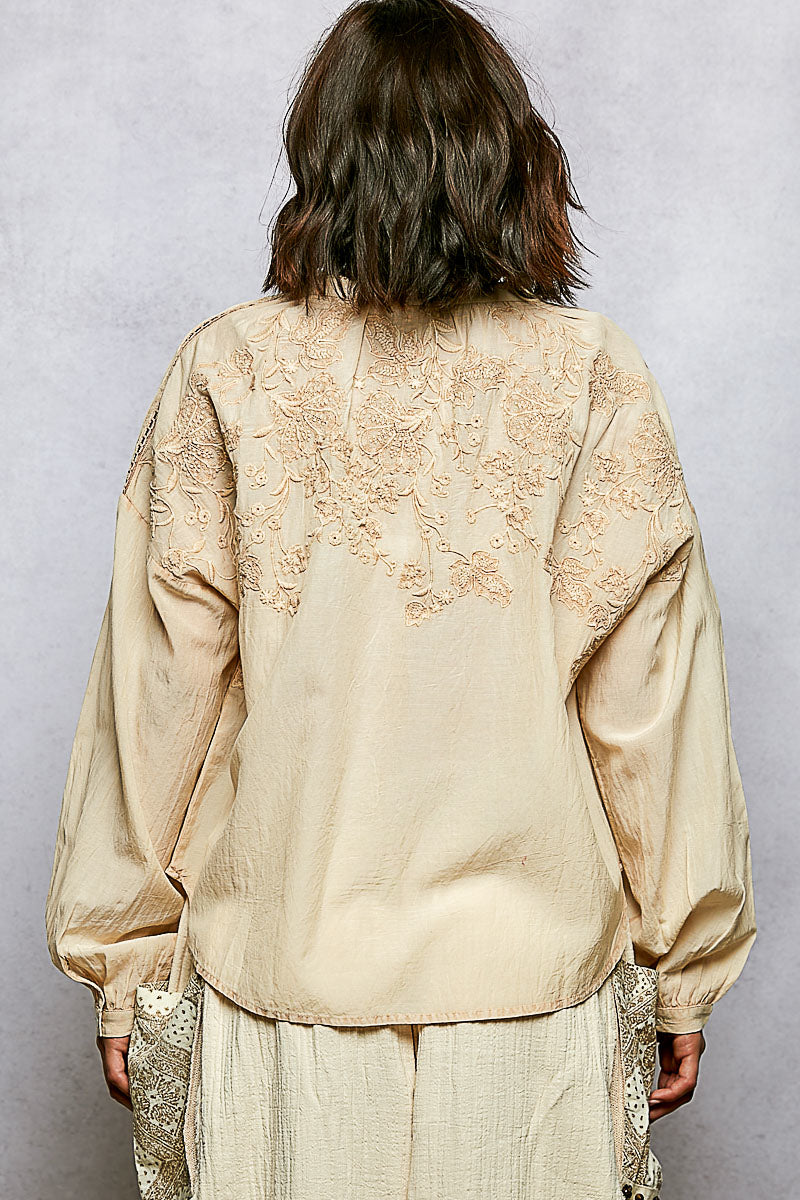 POL Embroidery Button Down Long Sleeve Washed Shirt on Simply Obsessed
