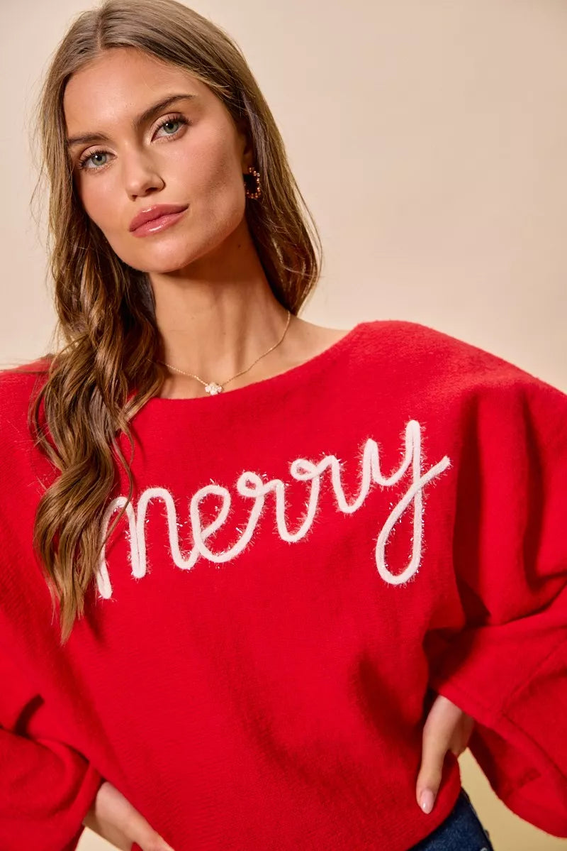 SO ME Merry Tinsel Lettering Christmas Sweater Top on Simply Obsessed
